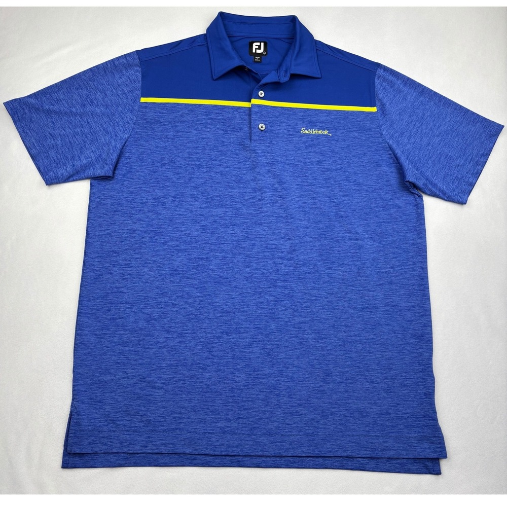 FootJoy Golf Polo Shirt Mens Large Blue Yellow Saddlebrook Stretch ProDry 28062